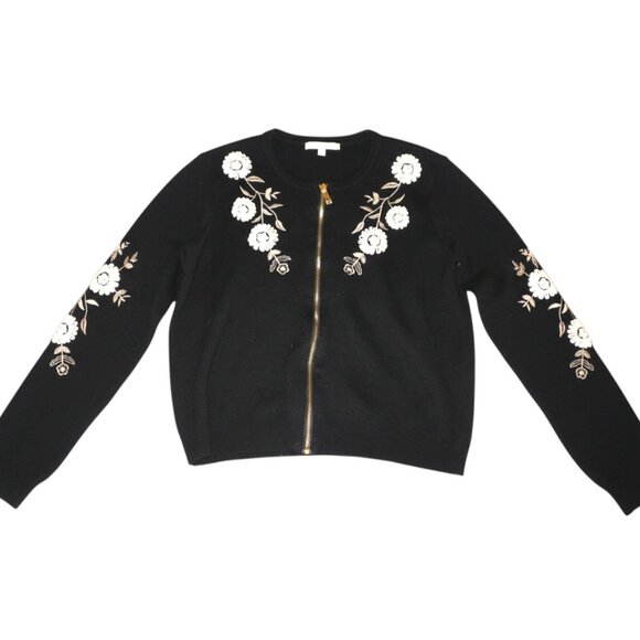 Floral Embroidered Zip Cardigan Black Bomber Grannycore Soft Classic - Picture 3 of 9